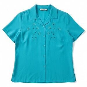 Keneth Too! Turquoise Teal Floral Embroidered Short Sleeve Blouse, Women's Large